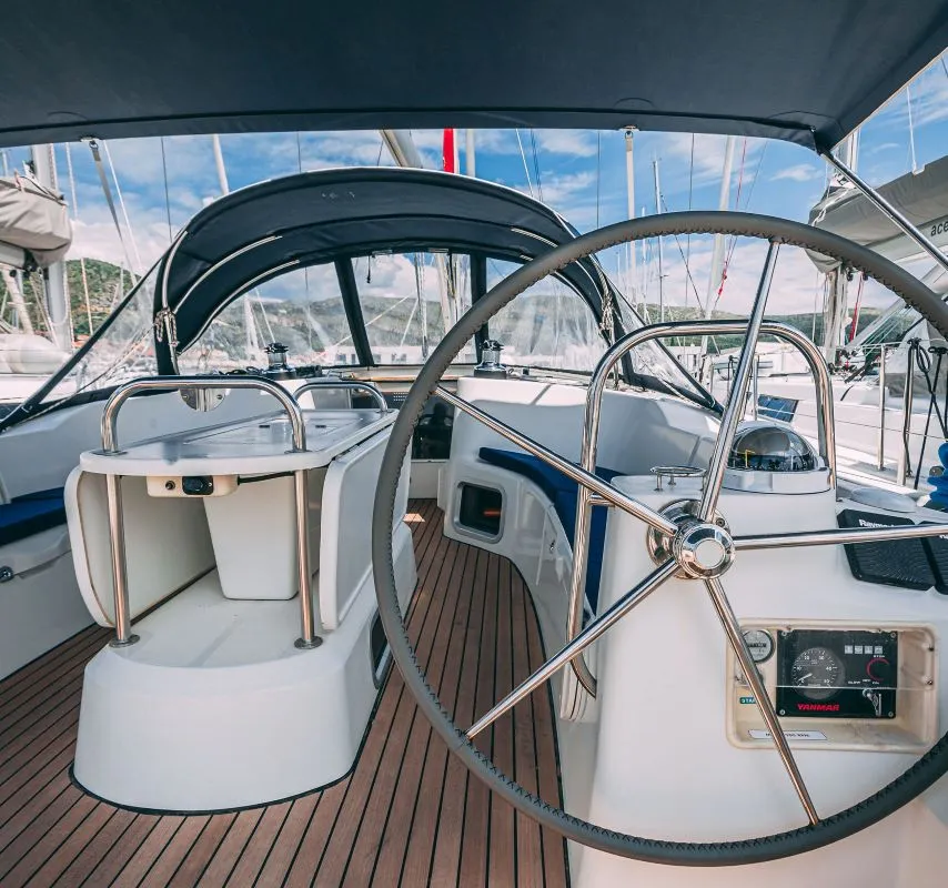Cockpit of Ana B., a Jeanneau Sun Odyssey 49i sailboat at Seget Donji, Croatia