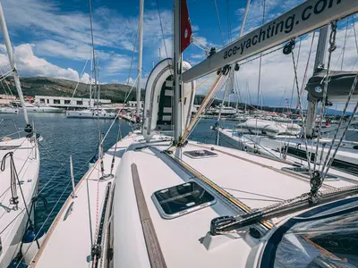 Deck of Ana B., a Jeanneau Sun Odyssey 49i sailboat at Seget Donji, Croatia