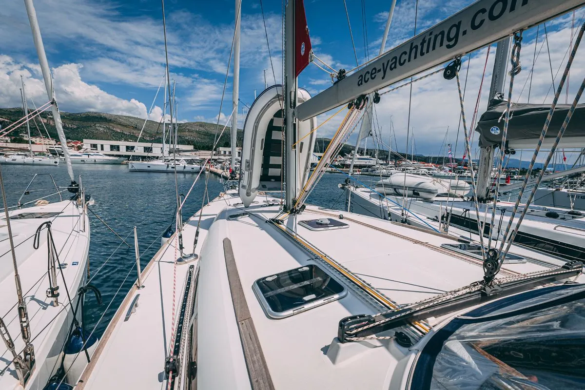 Deck of Ana B., a Jeanneau Sun Odyssey 49i sailboat at Seget Donji, Croatia
