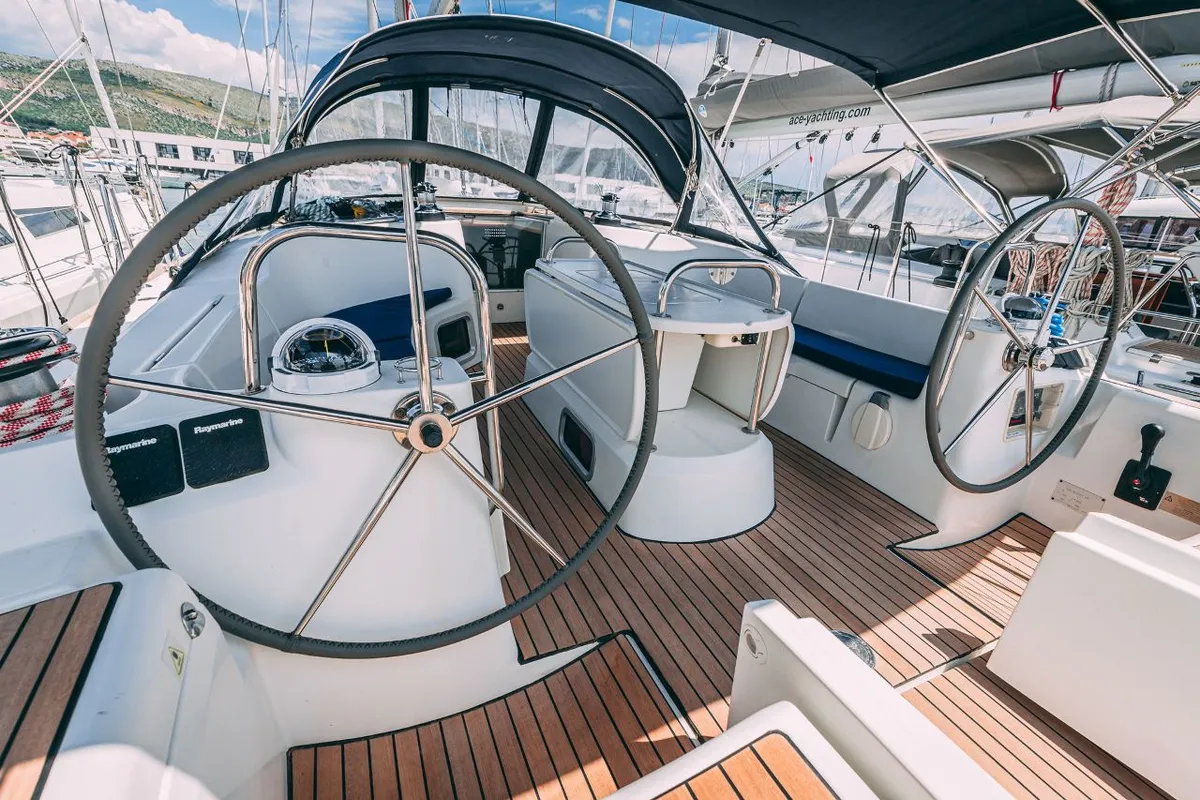 Cockpit of Ana B., a Jeanneau Sun Odyssey 49i sailboat at Seget Donji, Croatia