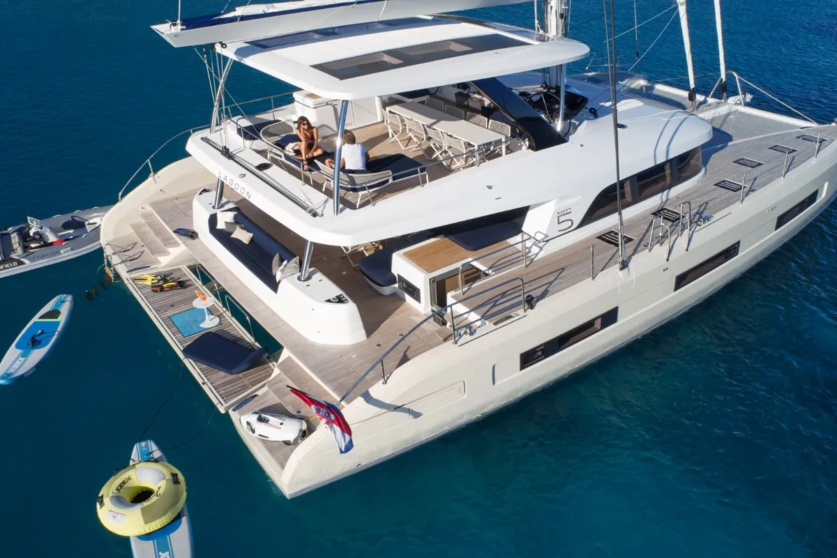 Exterior view of Amada Mia, a Lagoon Sixty 5 catamaran at Split, Croatia