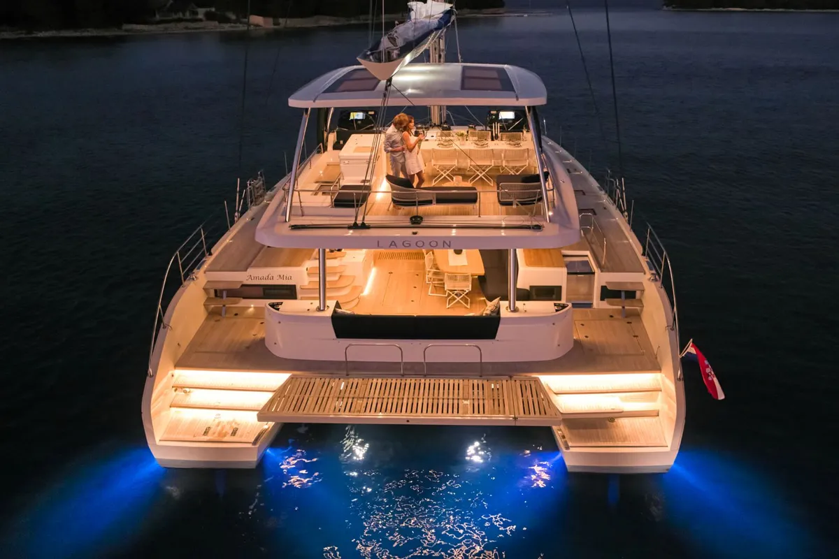 Exterior view of Amada Mia, a Lagoon Sixty 5 catamaran at Split, Croatia