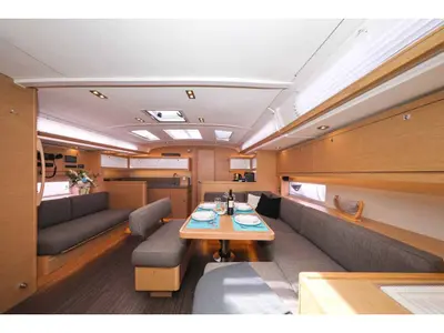 Salon of Andromaca, a Dufour 470 sailboat at Cagliari, Italy
