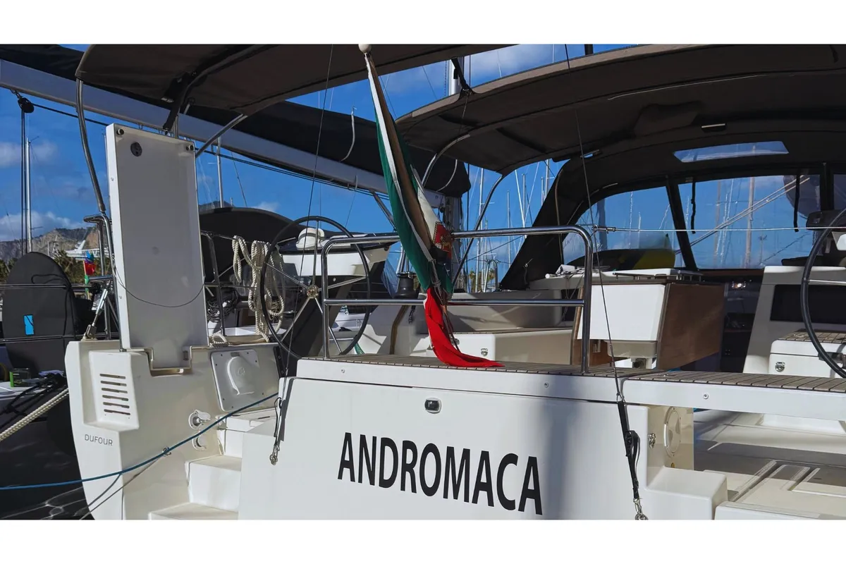 Exterior view of Andromaca, a Dufour 470 sailboat at Cagliari, Italy