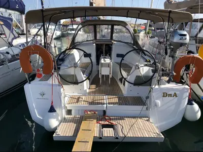 Cockpit of DNA, a Jeanneau Sun Odyssey 349 sailboat at Preveza, Greece