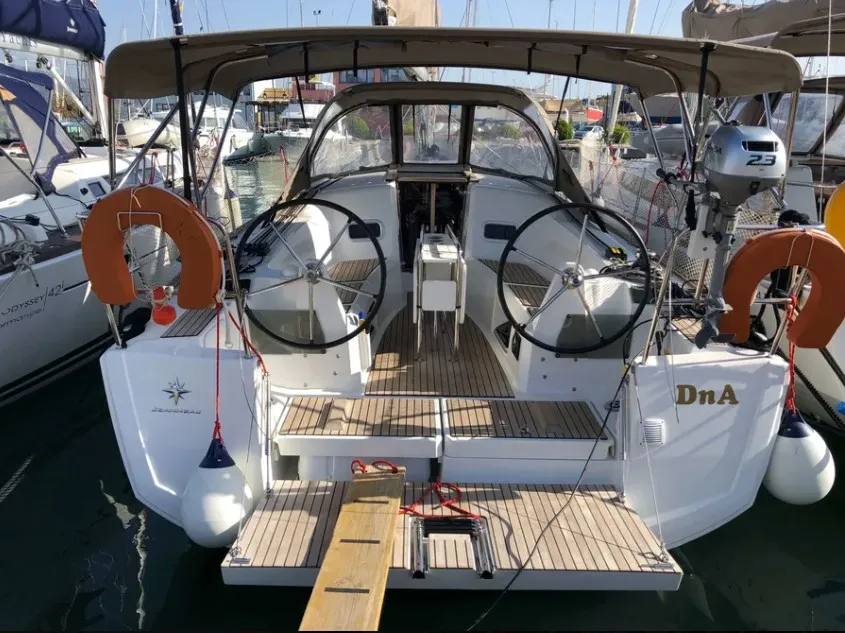 Cockpit of DNA, a Jeanneau Sun Odyssey 349 sailboat at Preveza, Greece