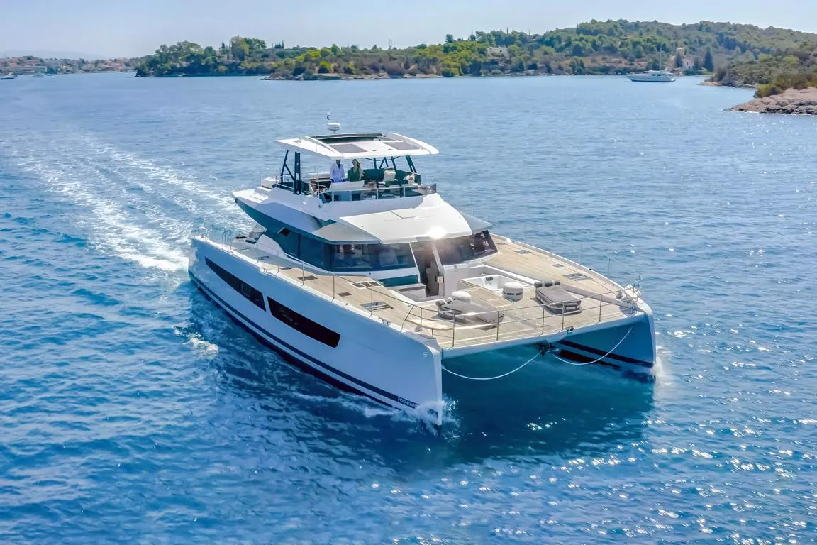 Exterior view of D2, a Fountaine Pajot Power 67 catamaran at Athens, Greece