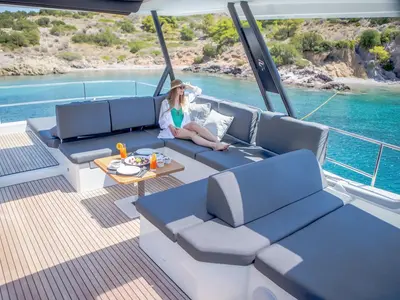 Deck of D2, a Fountaine Pajot Power 67 catamaran at Athens, Greece
