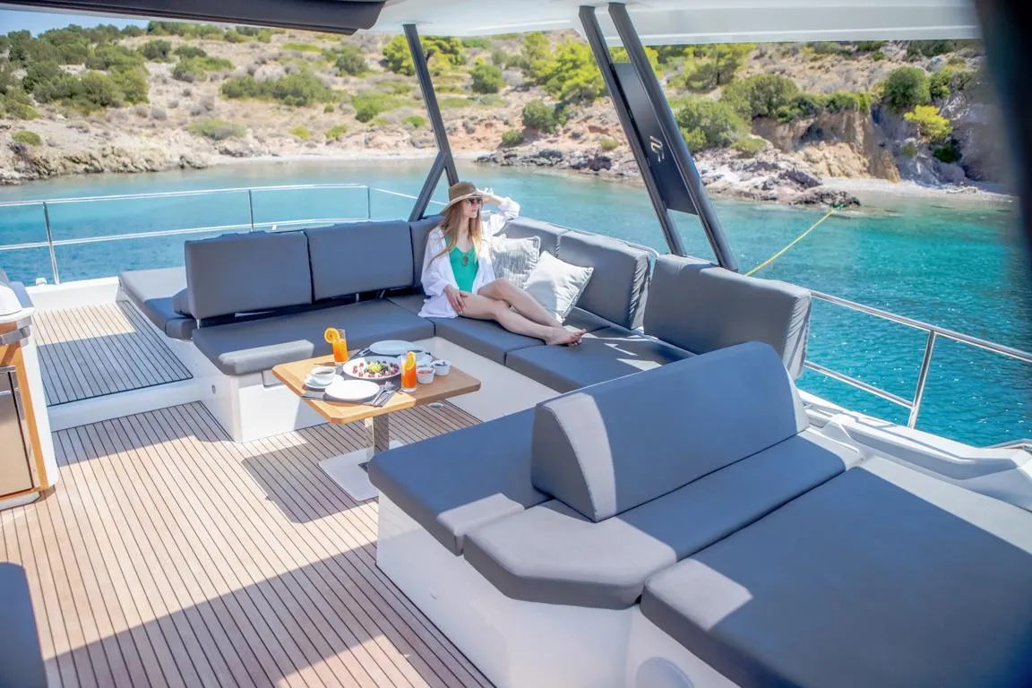 Deck of D2, a Fountaine Pajot Power 67 catamaran at Athens, Greece