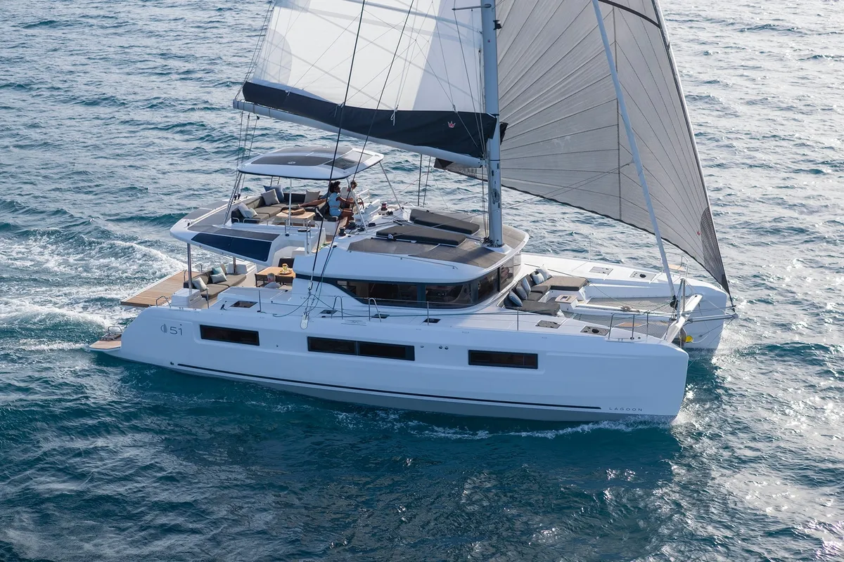 Exterior view of Corali, a Lagoon 51 catamaran at Athens, Greece