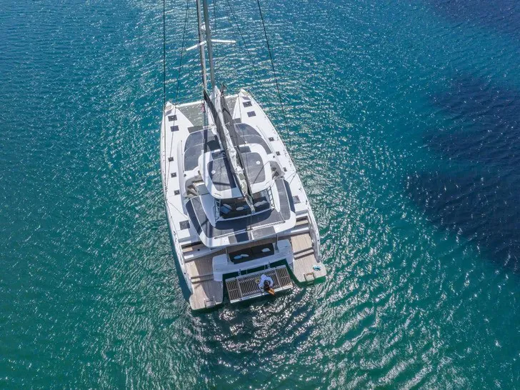 Exterior view of Corali, a Lagoon 51 catamaran at Athens, Greece