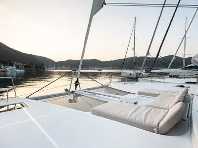 Deck of Umi, a Lagoon 46 catamaran at Fethiye, Turkey