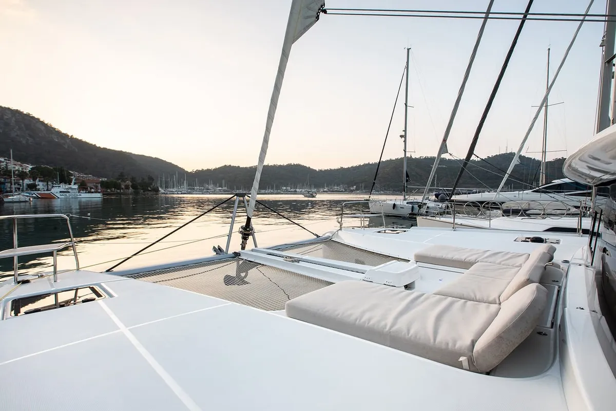 Deck of Umi, a Lagoon 46 catamaran at Fethiye, Turkey
