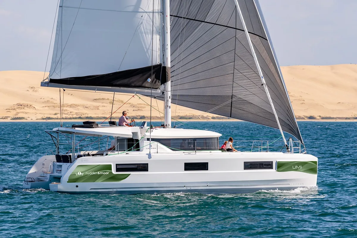Exterior view of Umi, a Lagoon 46 catamaran at Fethiye, Turkey