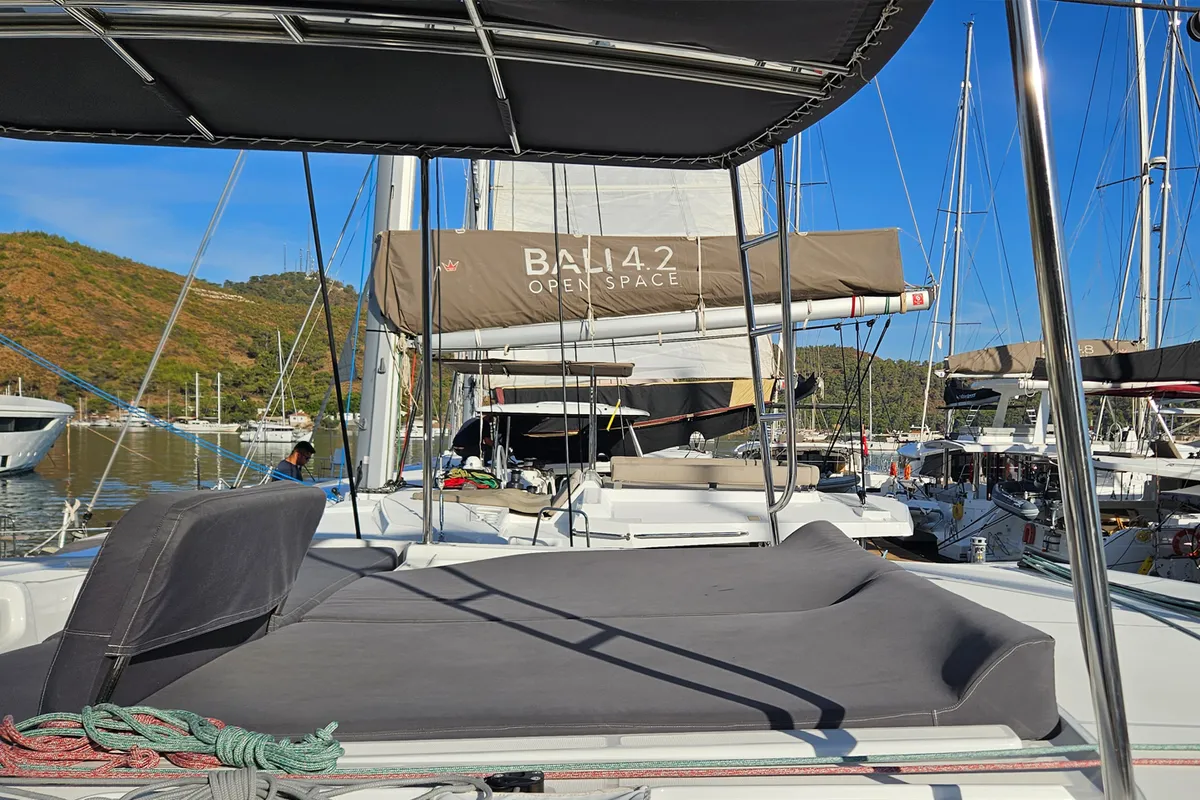 Deck of Umi, a Lagoon 46 catamaran at Fethiye, Turkey