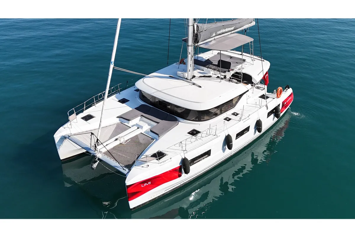 Exterior view of Umi, a Lagoon 46 catamaran at Fethiye, Turkey