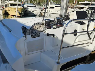 Cockpit of Umi, a Lagoon 46 catamaran at Fethiye, Turkey