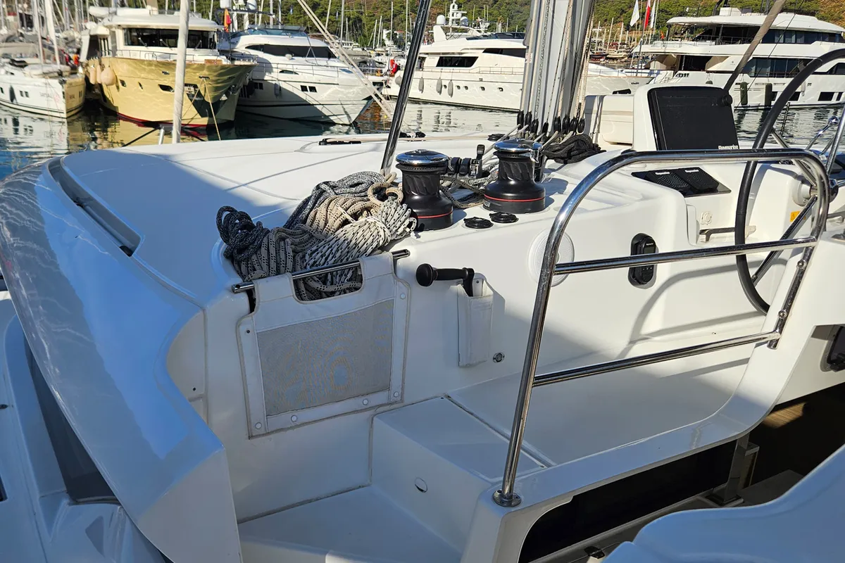 Cockpit of Umi, a Lagoon 46 catamaran at Fethiye, Turkey