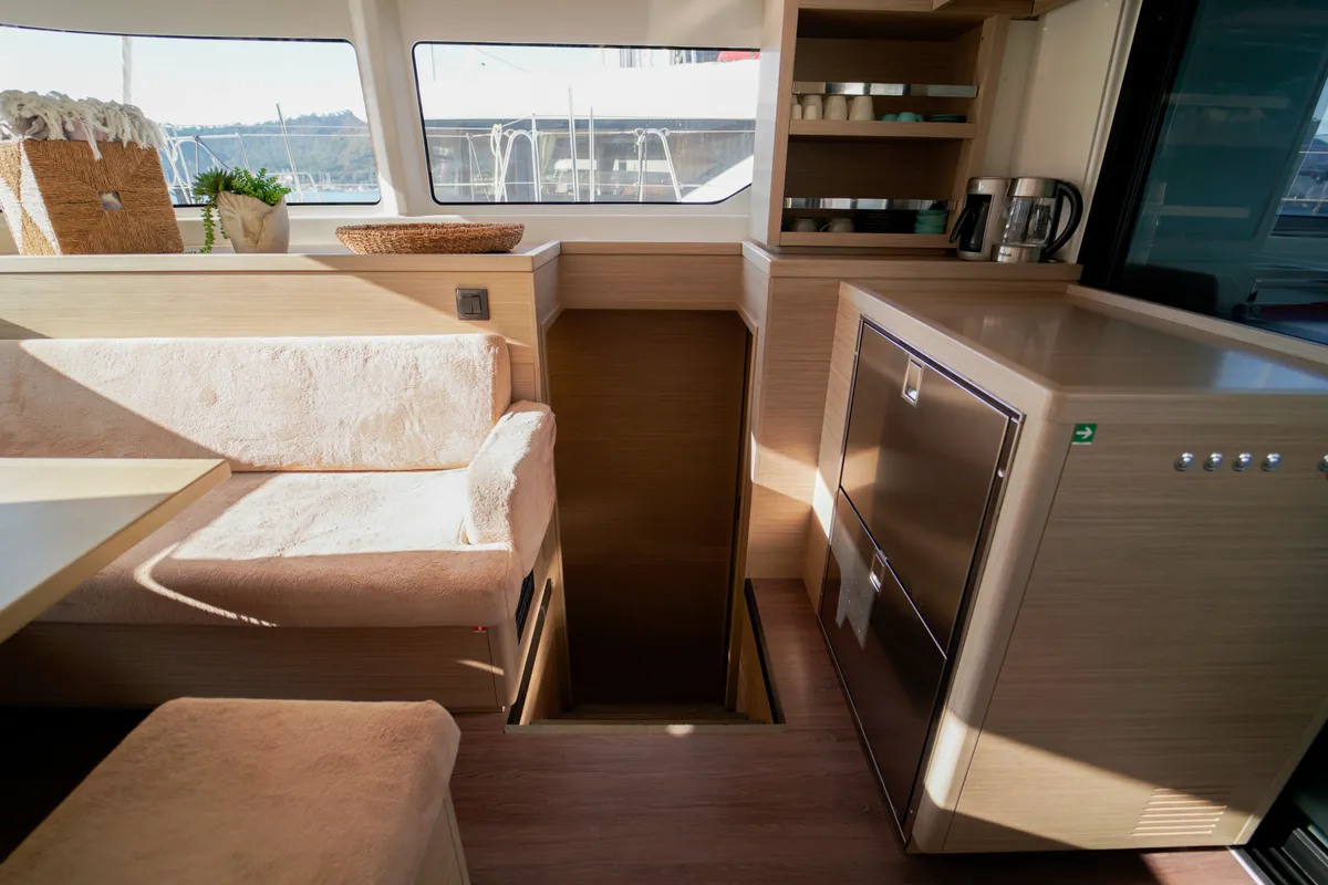 Salon of Umi, a Lagoon 46 catamaran at Fethiye, Turkey
