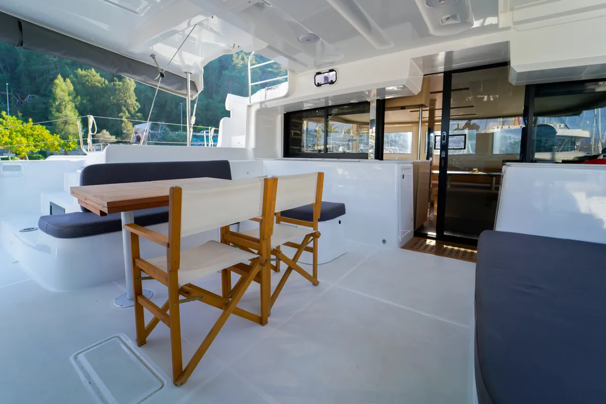 Deck of Umi, a Lagoon 46 catamaran at Fethiye, Turkey