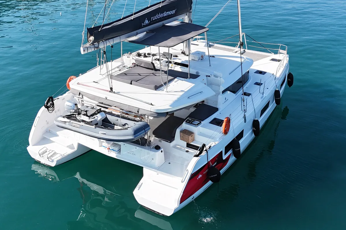 Exterior view of Umi, a Lagoon 46 catamaran at Fethiye, Turkey