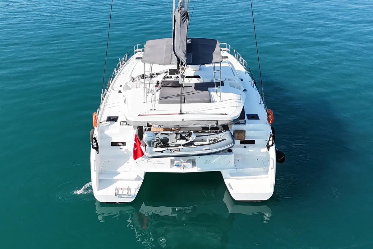 Exterior view of Umi, a Lagoon 46 catamaran at Fethiye, Turkey