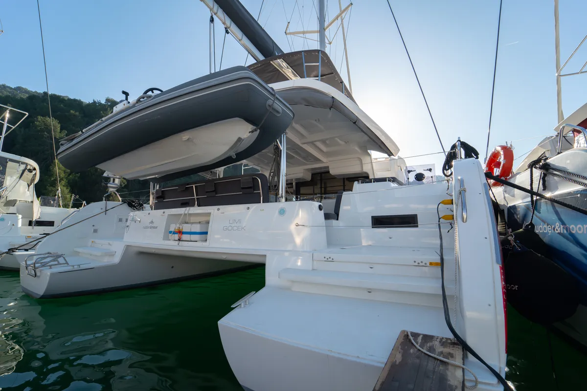 Exterior view of Umi, a Lagoon 46 catamaran at Fethiye, Turkey