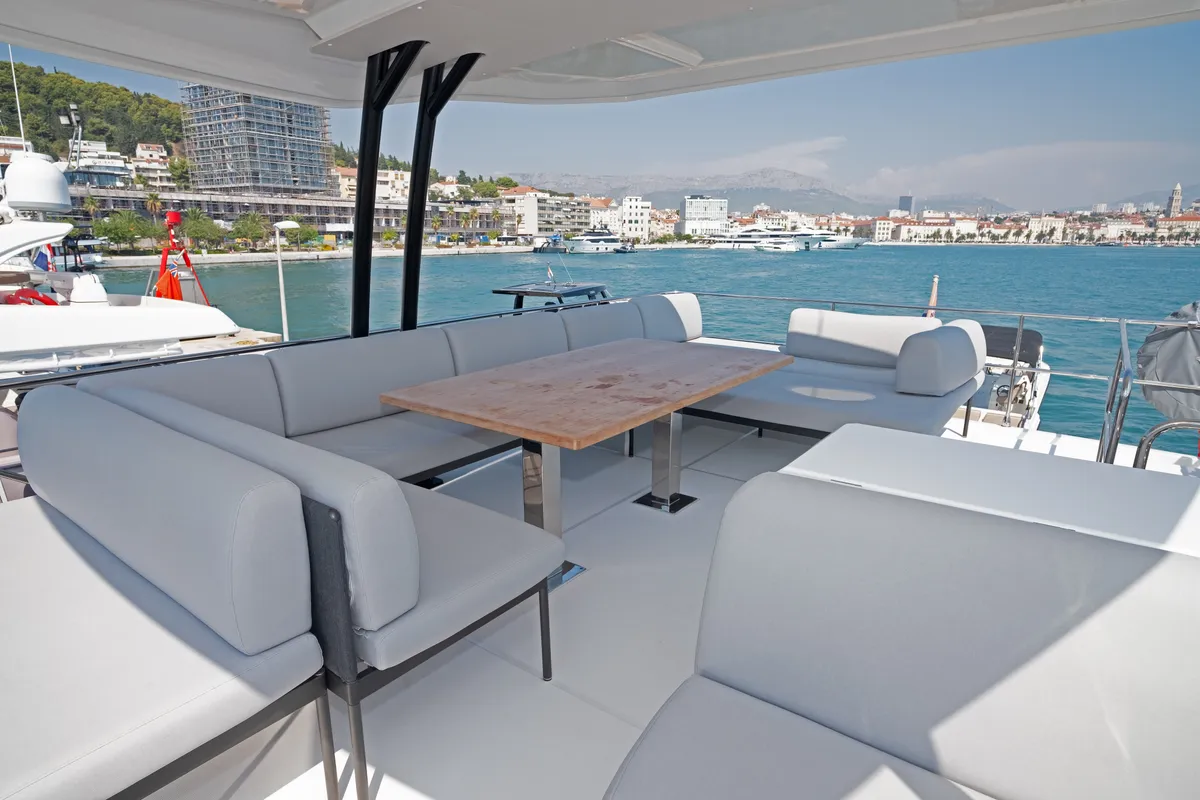 Deck of M-Key, a Prestige M48 catamaran at Dubrovnik, Croatia