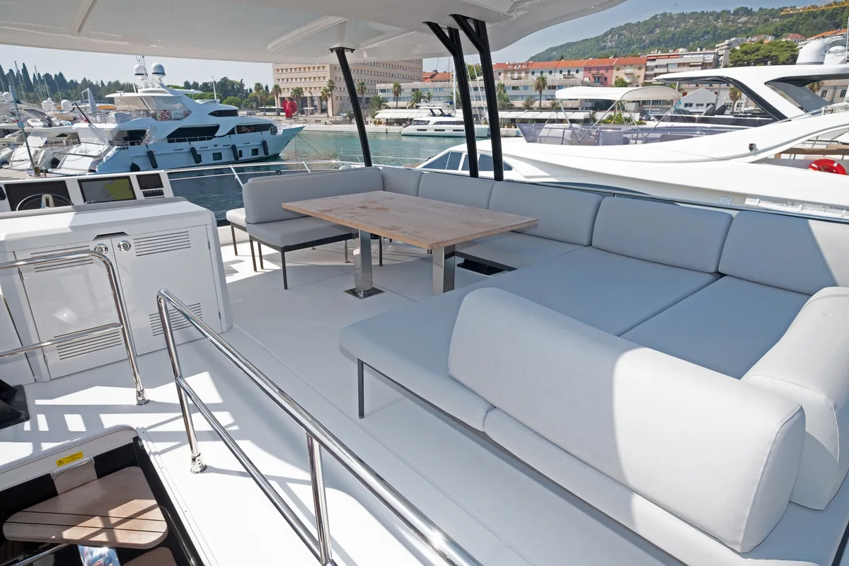 Deck of M-Key, a Prestige M48 catamaran at Dubrovnik, Croatia