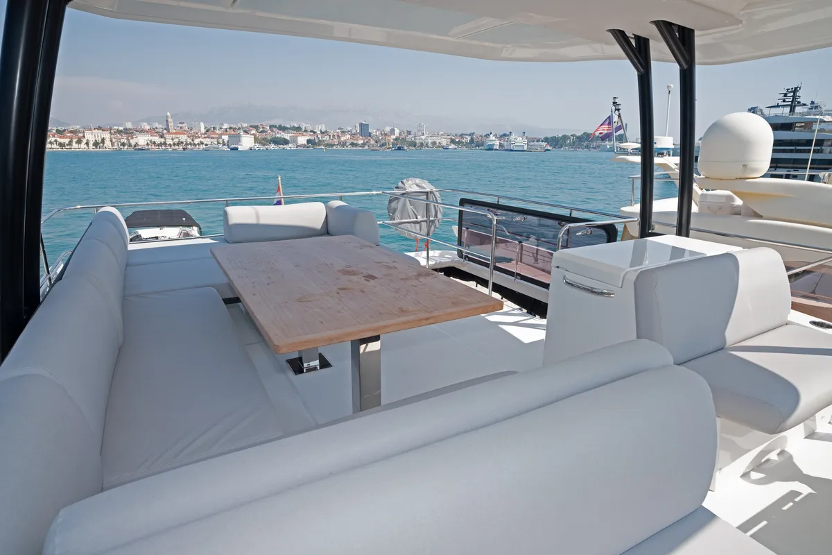 Deck of M-Key, a Prestige M48 catamaran at Dubrovnik, Croatia