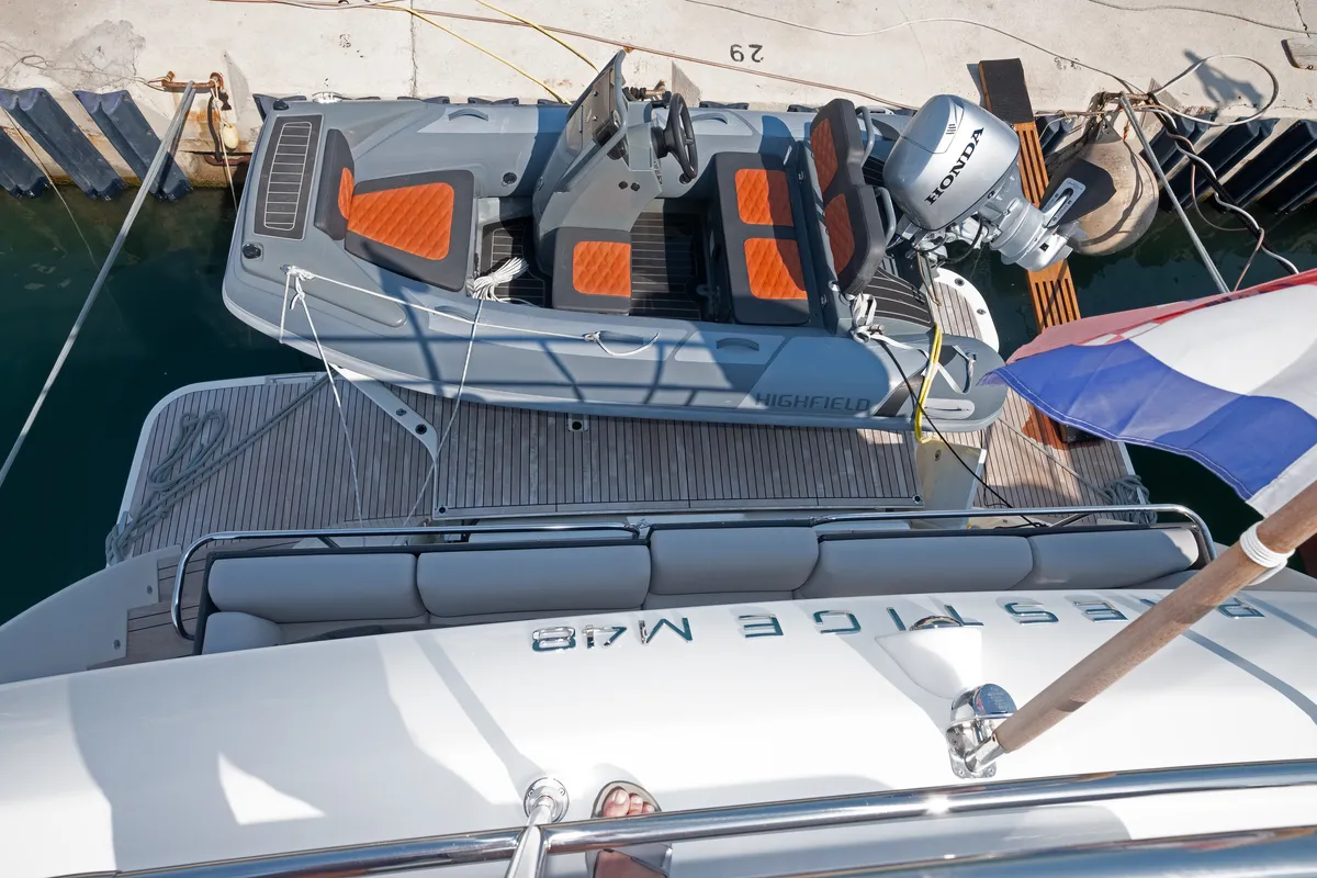 Exterior view of M-Key, a Prestige M48 catamaran at Dubrovnik, Croatia