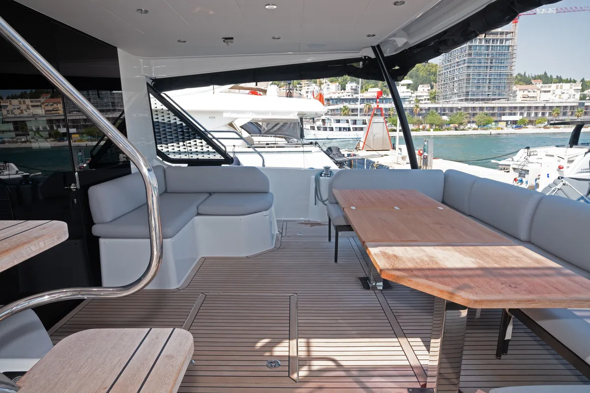 Deck of M-Key, a Prestige M48 catamaran at Dubrovnik, Croatia