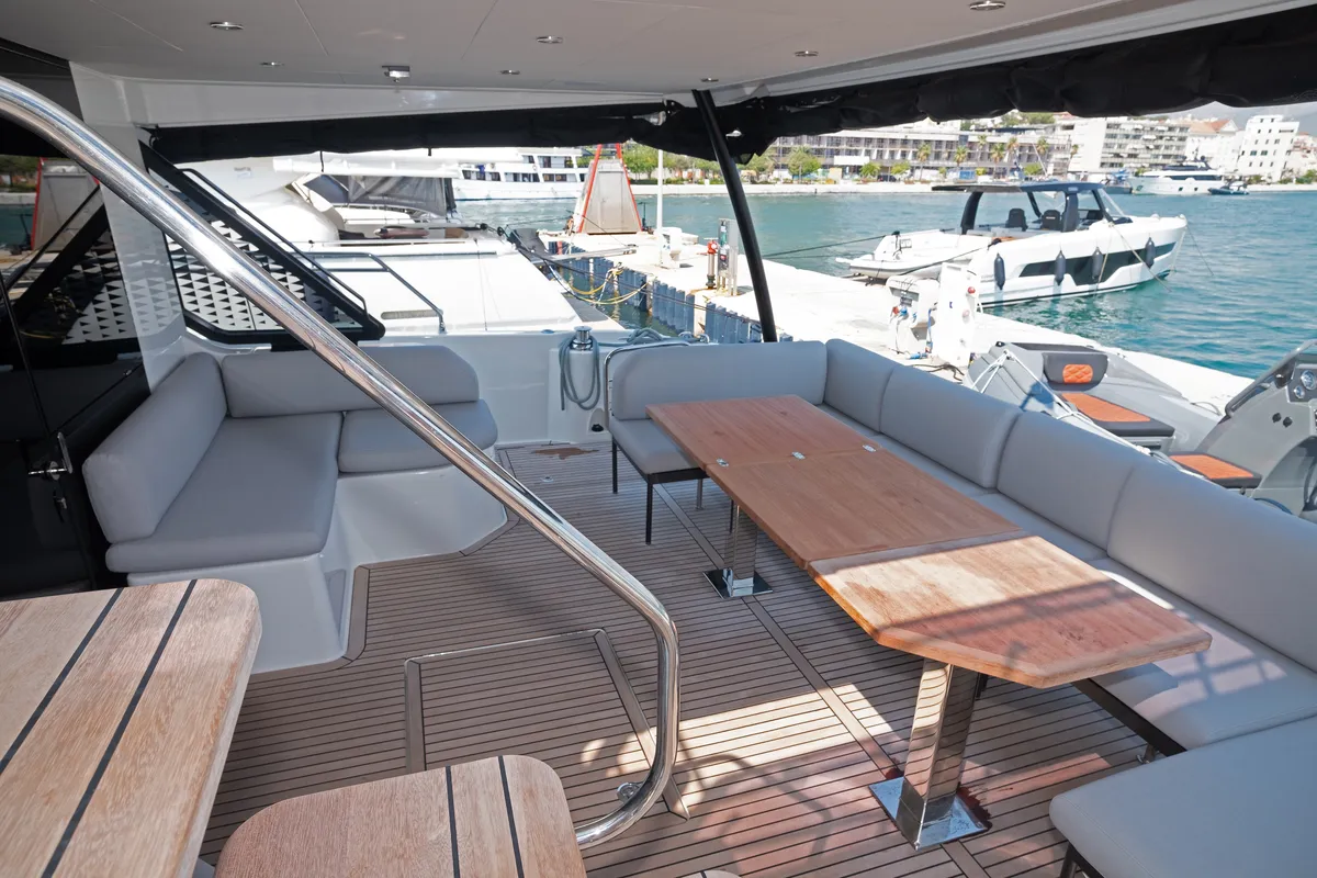 Deck of M-Key, a Prestige M48 catamaran at Dubrovnik, Croatia