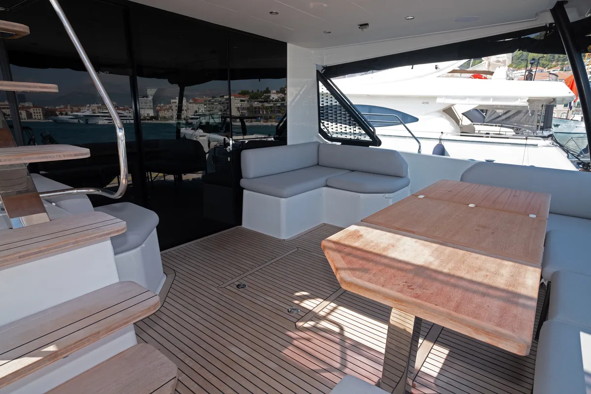 Deck of M-Key, a Prestige M48 catamaran at Dubrovnik, Croatia