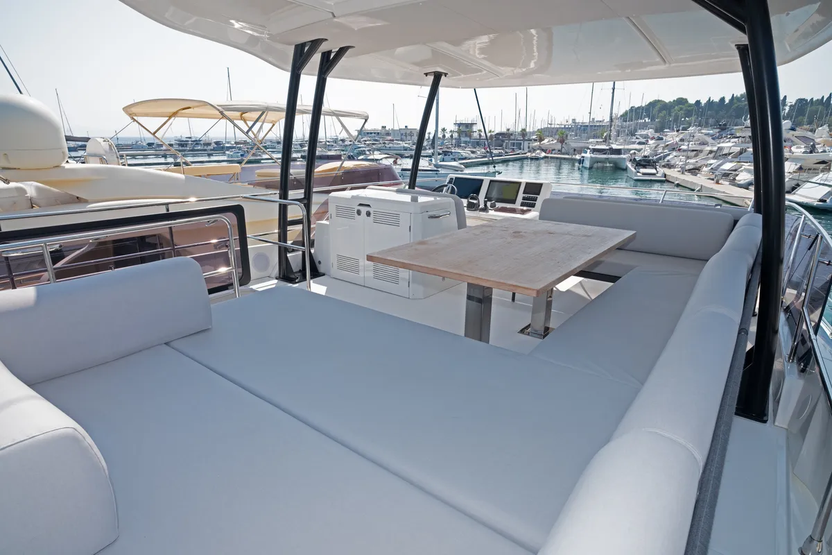 Deck of M-Key, a Prestige M48 catamaran at Dubrovnik, Croatia
