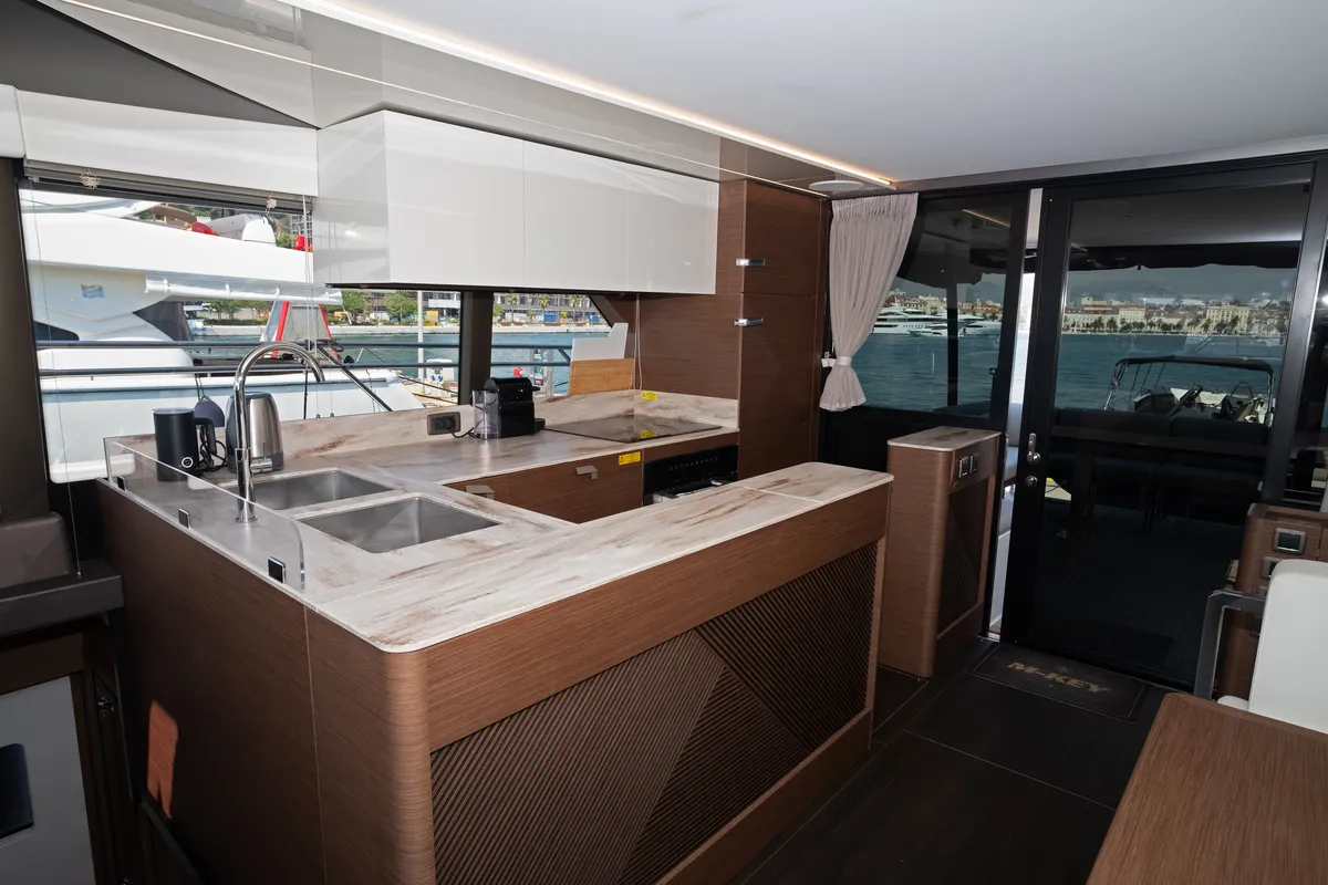 Cockpit of M-Key, a Prestige M48 catamaran at Dubrovnik, Croatia