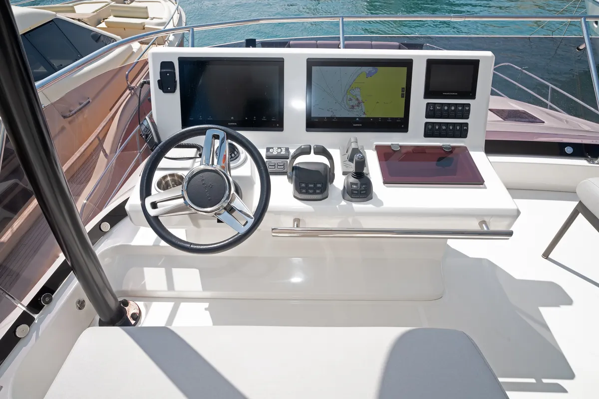 Cockpit of M-Key, a Prestige M48 catamaran at Dubrovnik, Croatia