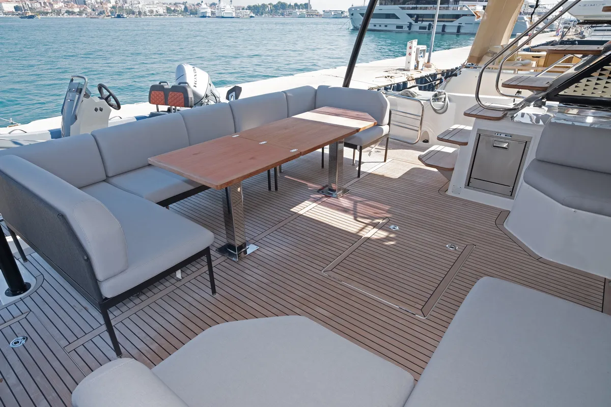Deck of M-Key, a Prestige M48 catamaran at Dubrovnik, Croatia