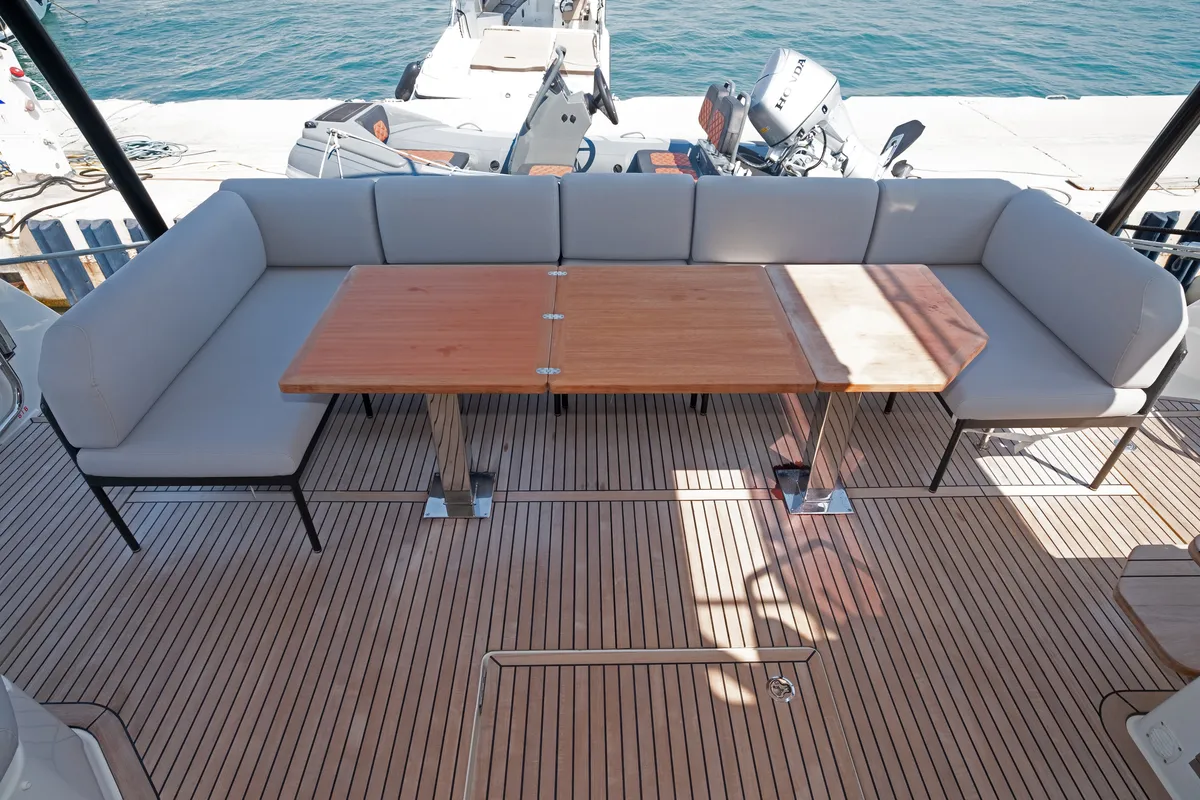 Deck of M-Key, a Prestige M48 catamaran at Dubrovnik, Croatia