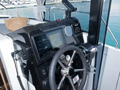 Cockpit of M-Key, a Prestige M48 catamaran at Dubrovnik, Croatia