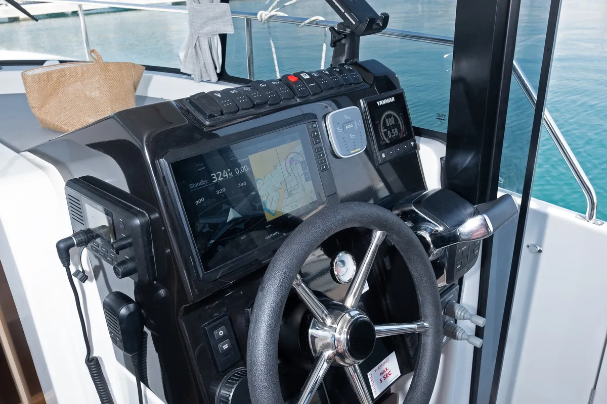 Cockpit of M-Key, a Prestige M48 catamaran at Dubrovnik, Croatia
