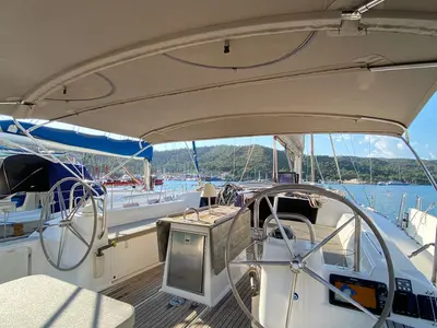 Cockpit of Maestro S, a Dufour 500 Grand Large sailboat at Fethiye, Turkey