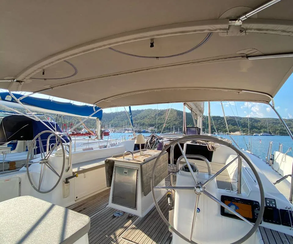 Cockpit of Maestro S, a Dufour 500 Grand Large sailboat at Fethiye, Turkey