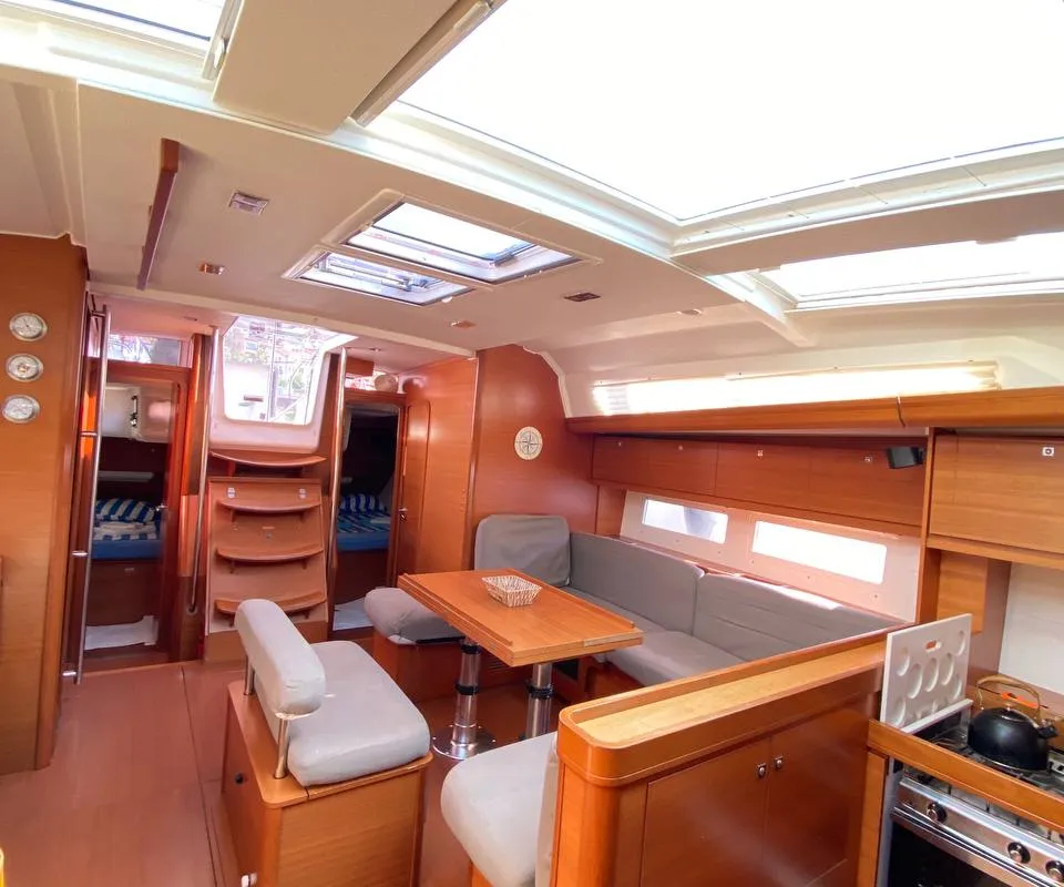 Salon of Maestro S, a Dufour 500 Grand Large sailboat at Fethiye, Turkey