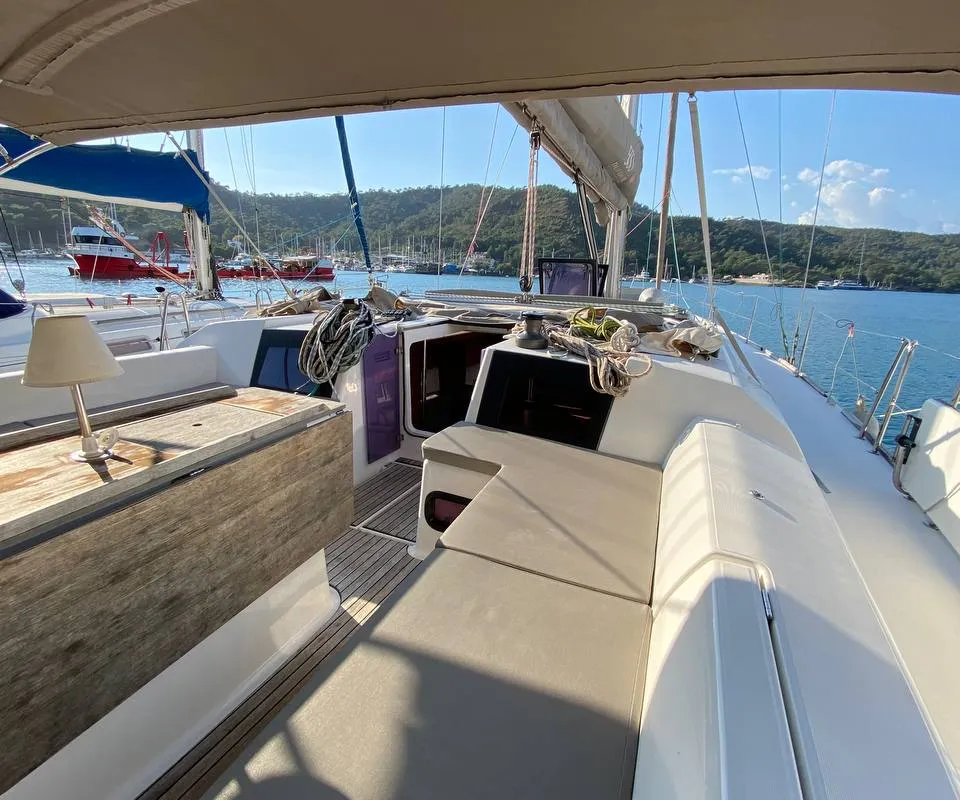 Deck of Maestro S, a Dufour 500 Grand Large sailboat at Fethiye, Turkey