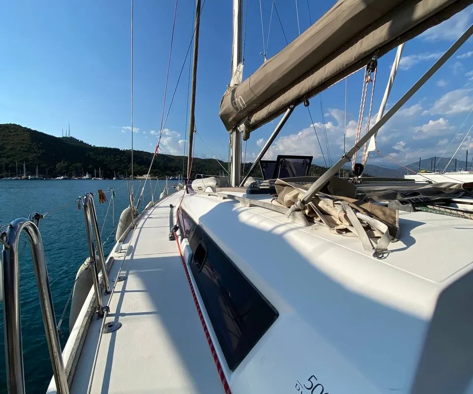 Deck of Maestro S, a Dufour 500 Grand Large sailboat at Fethiye, Turkey