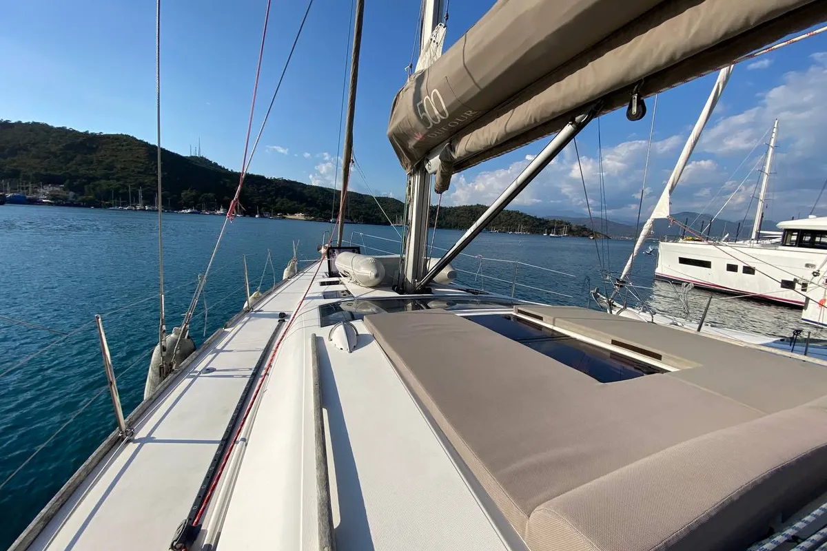 Deck of Maestro S, a Dufour 500 Grand Large sailboat at Fethiye, Turkey