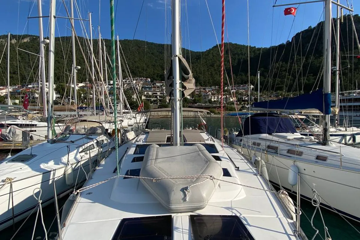 Deck of Maestro S, a Dufour 500 Grand Large sailboat at Fethiye, Turkey
