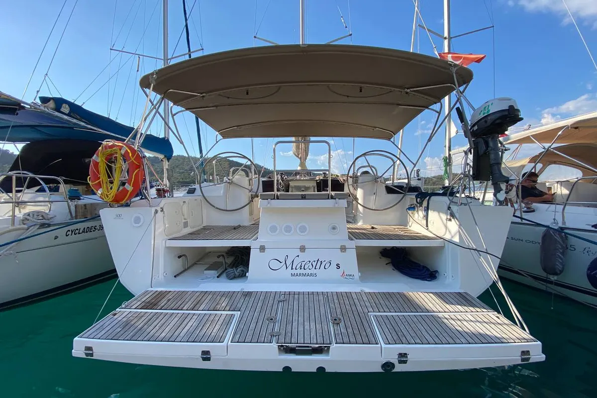 Exterior view of Maestro S, a Dufour 500 Grand Large sailboat at Fethiye, Turkey