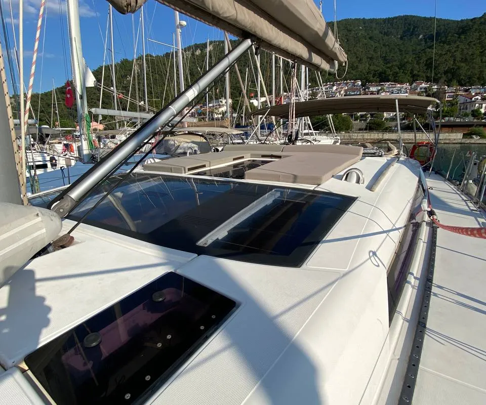 Deck of Maestro S, a Dufour 500 Grand Large sailboat at Fethiye, Turkey